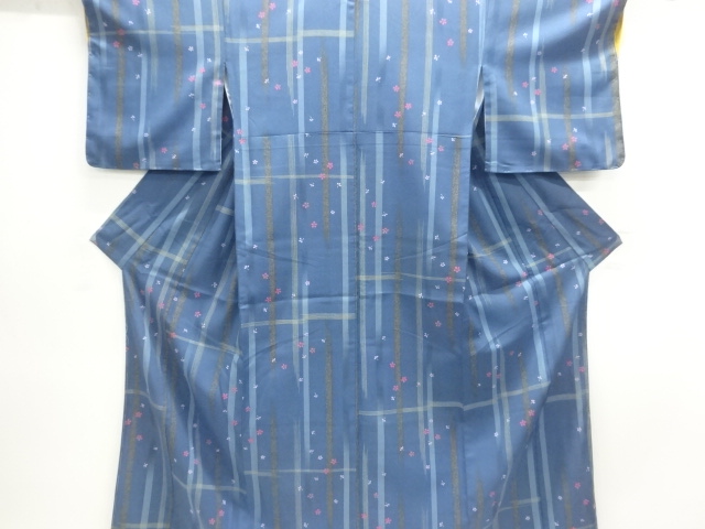 未使用品　変わり格子に花模様小紋着物